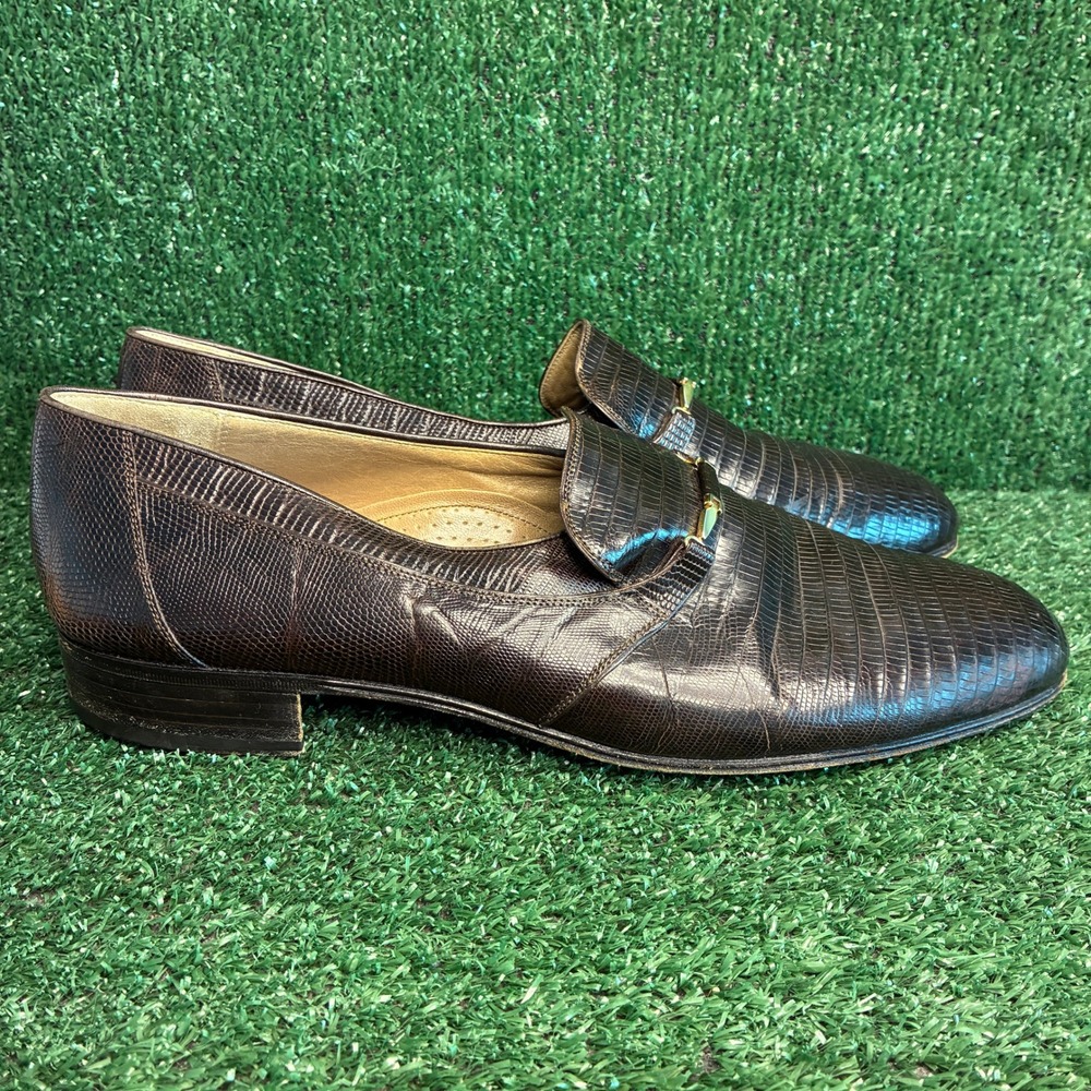 Bally Lizard Skin Bit Loafers Exotic Leather Luxury Dress Shoes Brown Mens Sz 12